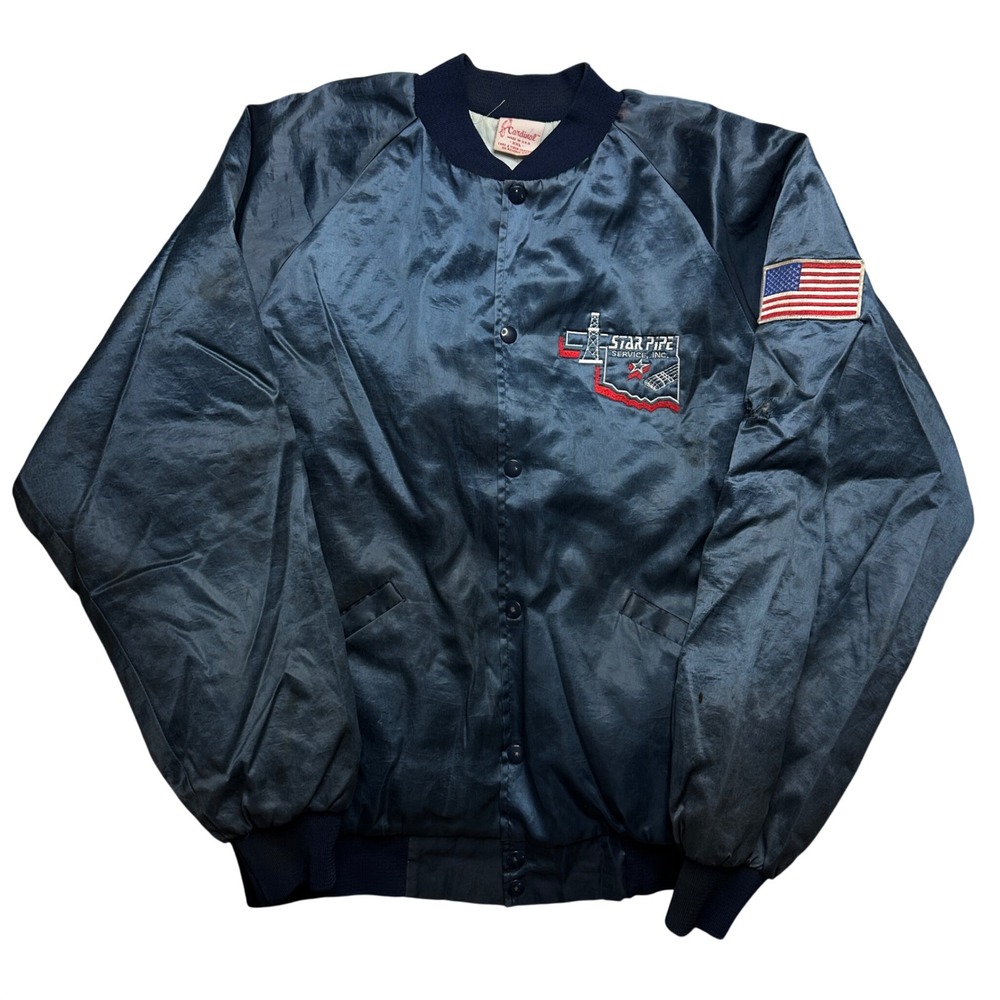 Thrashed Vintage 80s Cardinal Satin Bomber Jacket XXL Blue Made‎ in USA